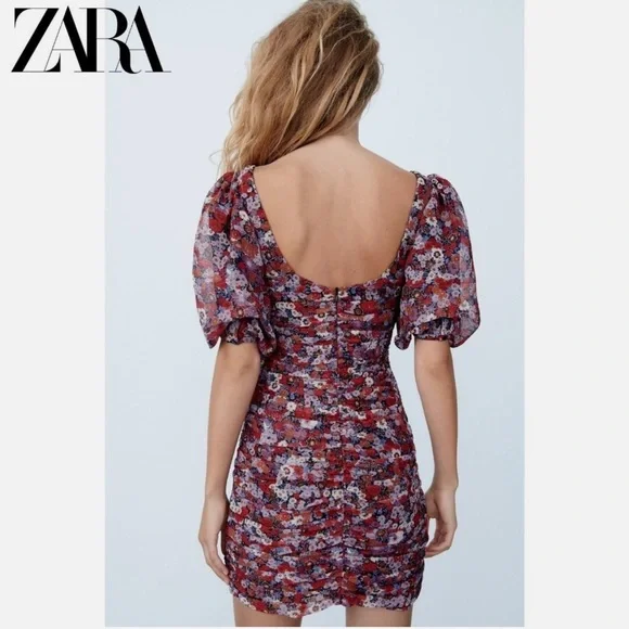 Zara Red Floral Short Sleeve Mini Dress - Picture 6 of 8